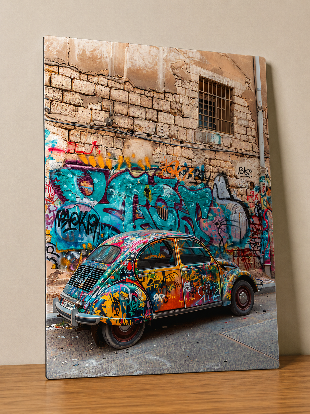Affiche Métal Voiture Vintage Graffiti – Street Art Français A4