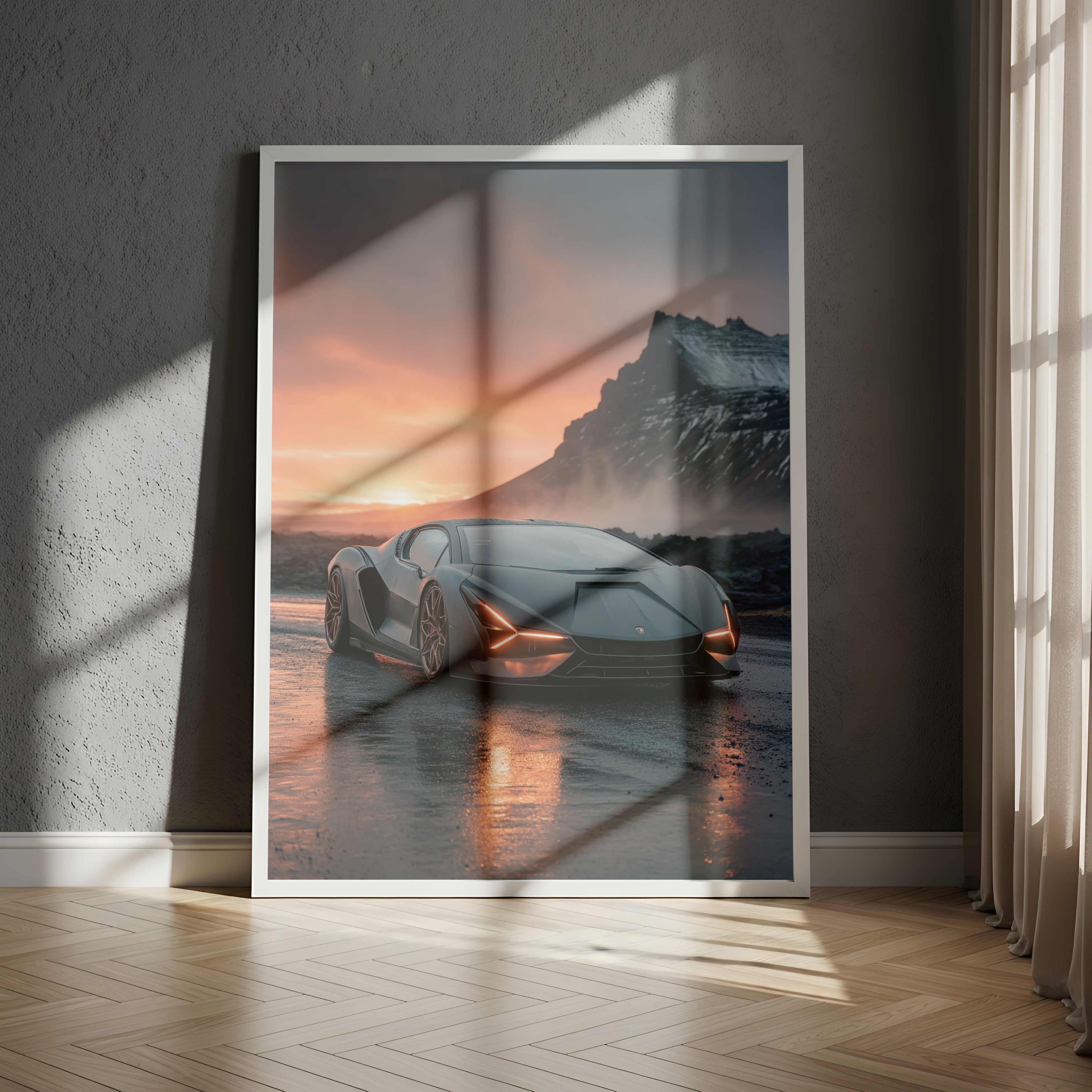 Affiche Métal Supercar Futuriste – Coucher de Soleil Décoration Murale A4