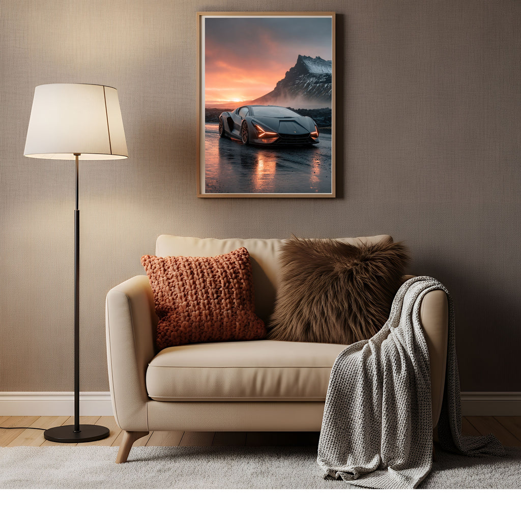 Affiche Métal Supercar Futuriste – Coucher de Soleil Décoration Murale A4