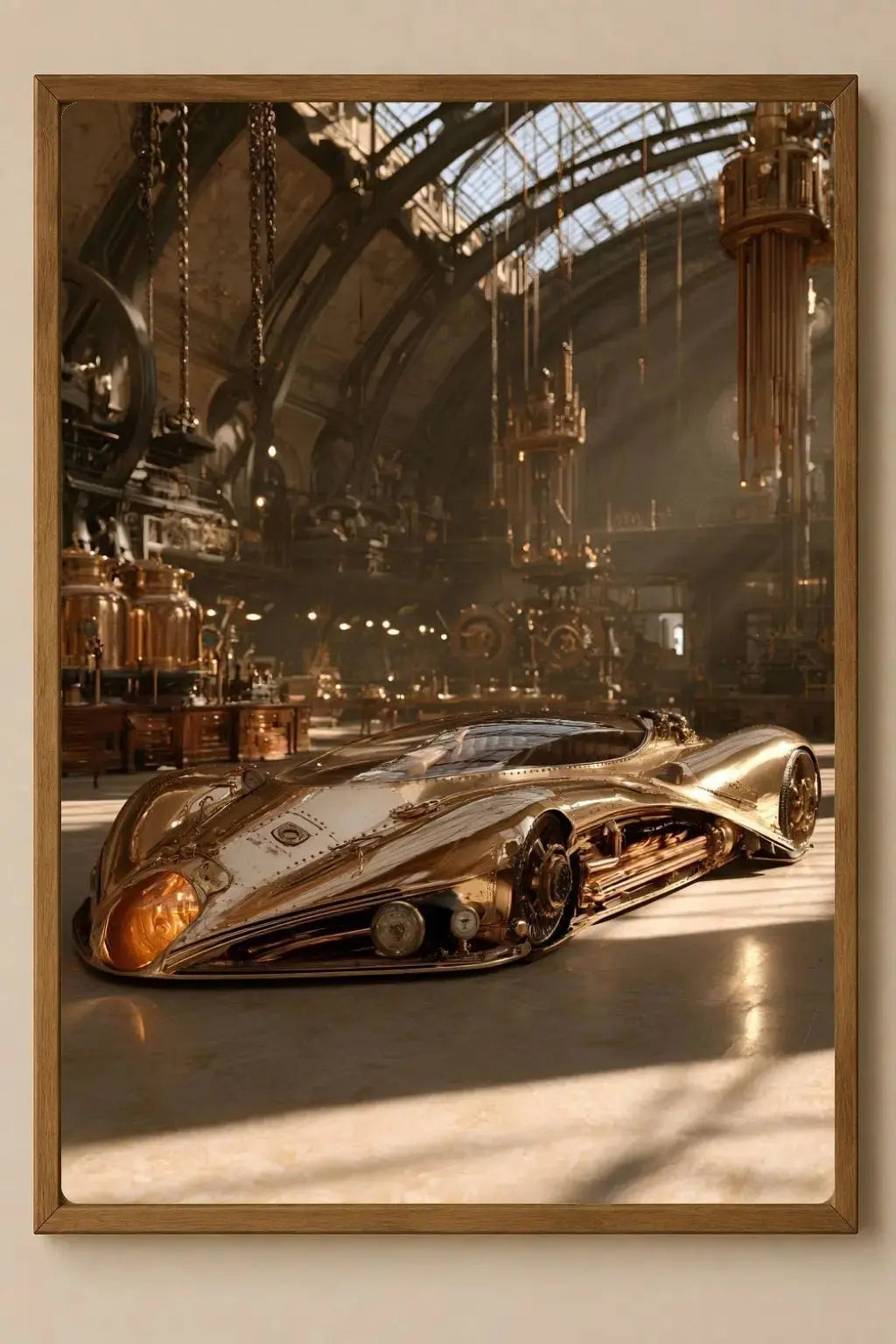 Affiche Métal Steampunk – Voiture Dorée & Atelier Victorien A4 Ploy'Art