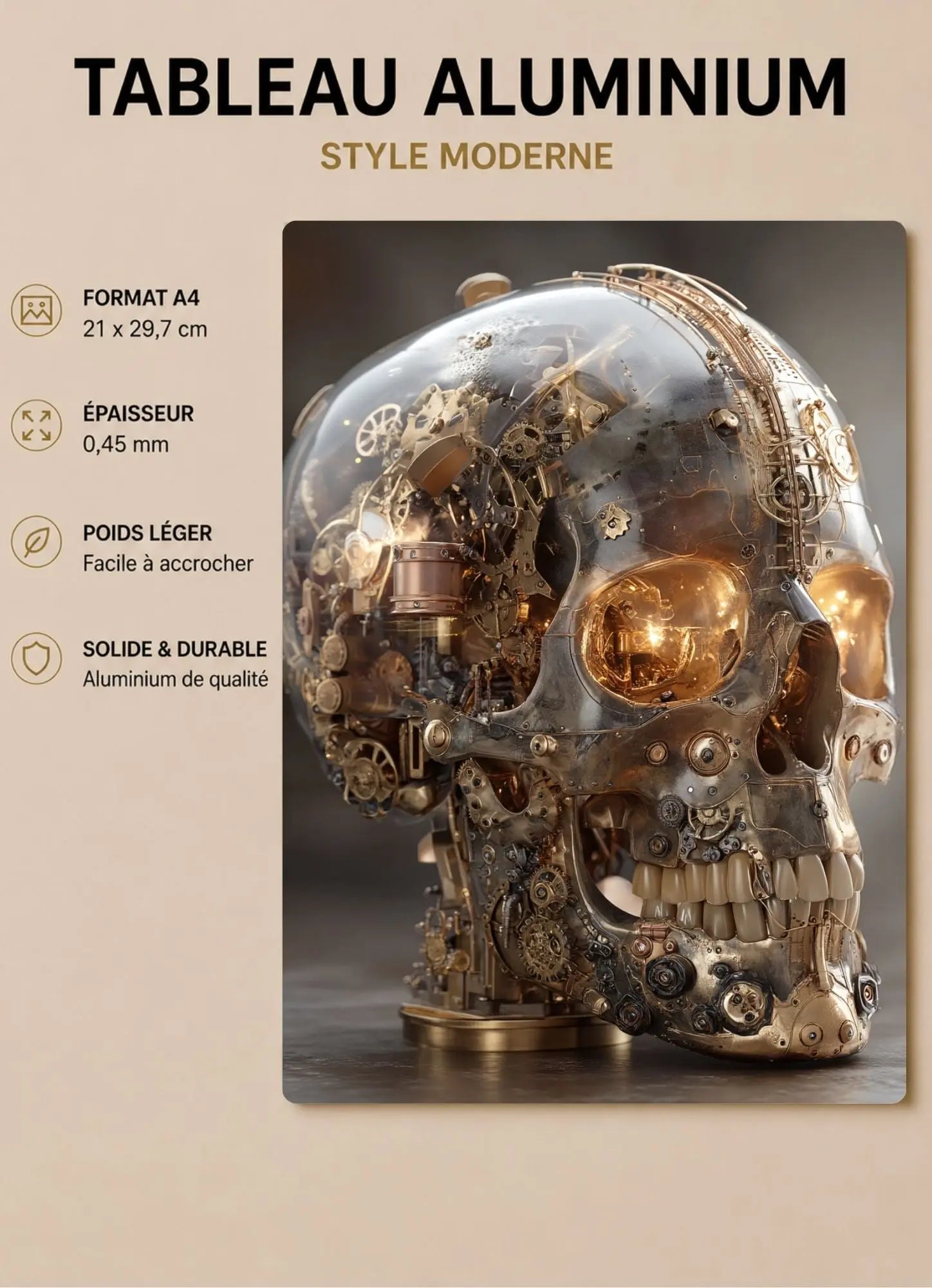 Affiche Métal Steampunk – Crâne Verre & Mécanique Intérieure A4 Ploy'Art