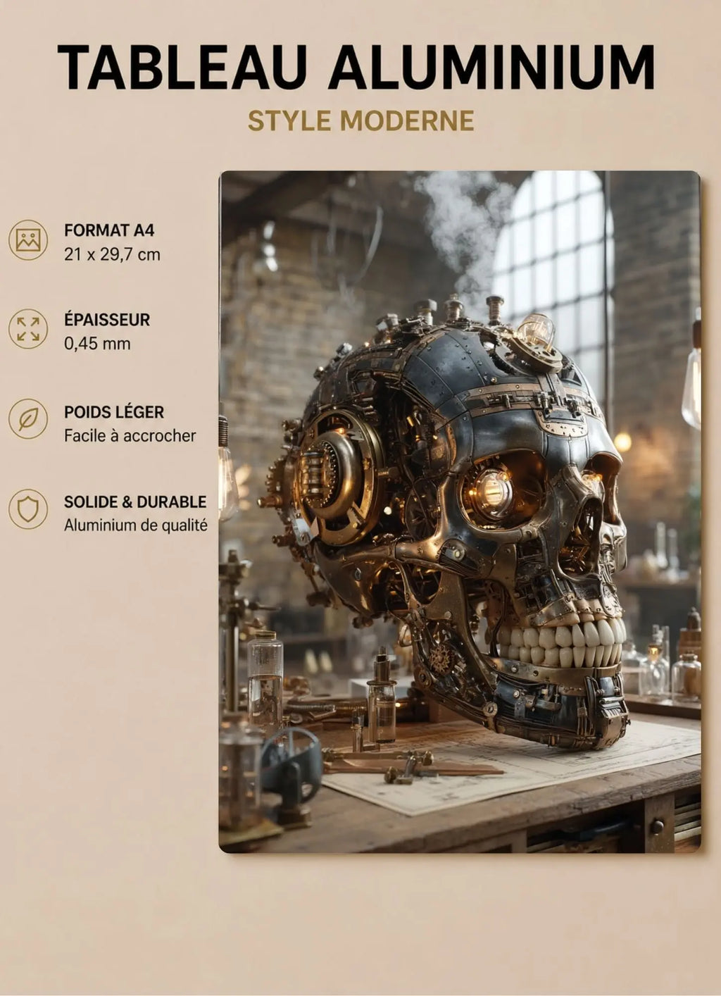 Affiche Métal Steampunk – Crâne & Laboratoire Victorien A4 Ploy'Art