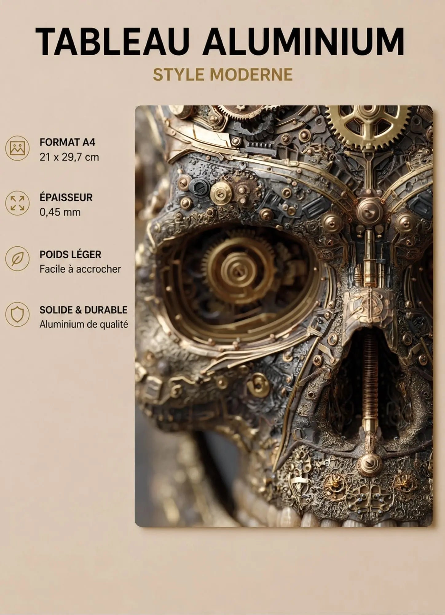 Affiche Métal Steampunk – Crâne Mécanique & Engrenages Dorés A4 Ploy'Art