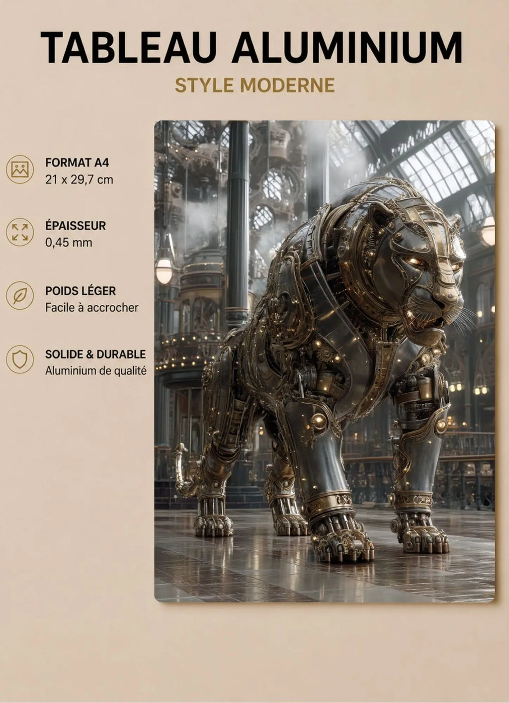 Affiche Métal Steampunk – Lion Mécanique & Exposition Victorienne A4 Ploy'Art