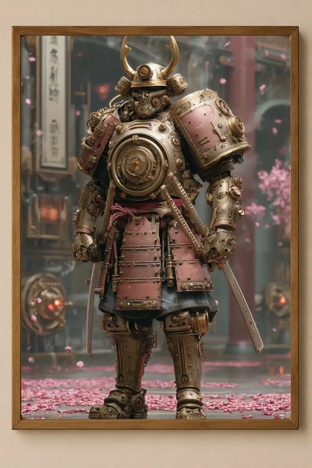 Affiche Métal Steampunk – Guerrier Doré & Temple Japonais A4 Ploy'Art