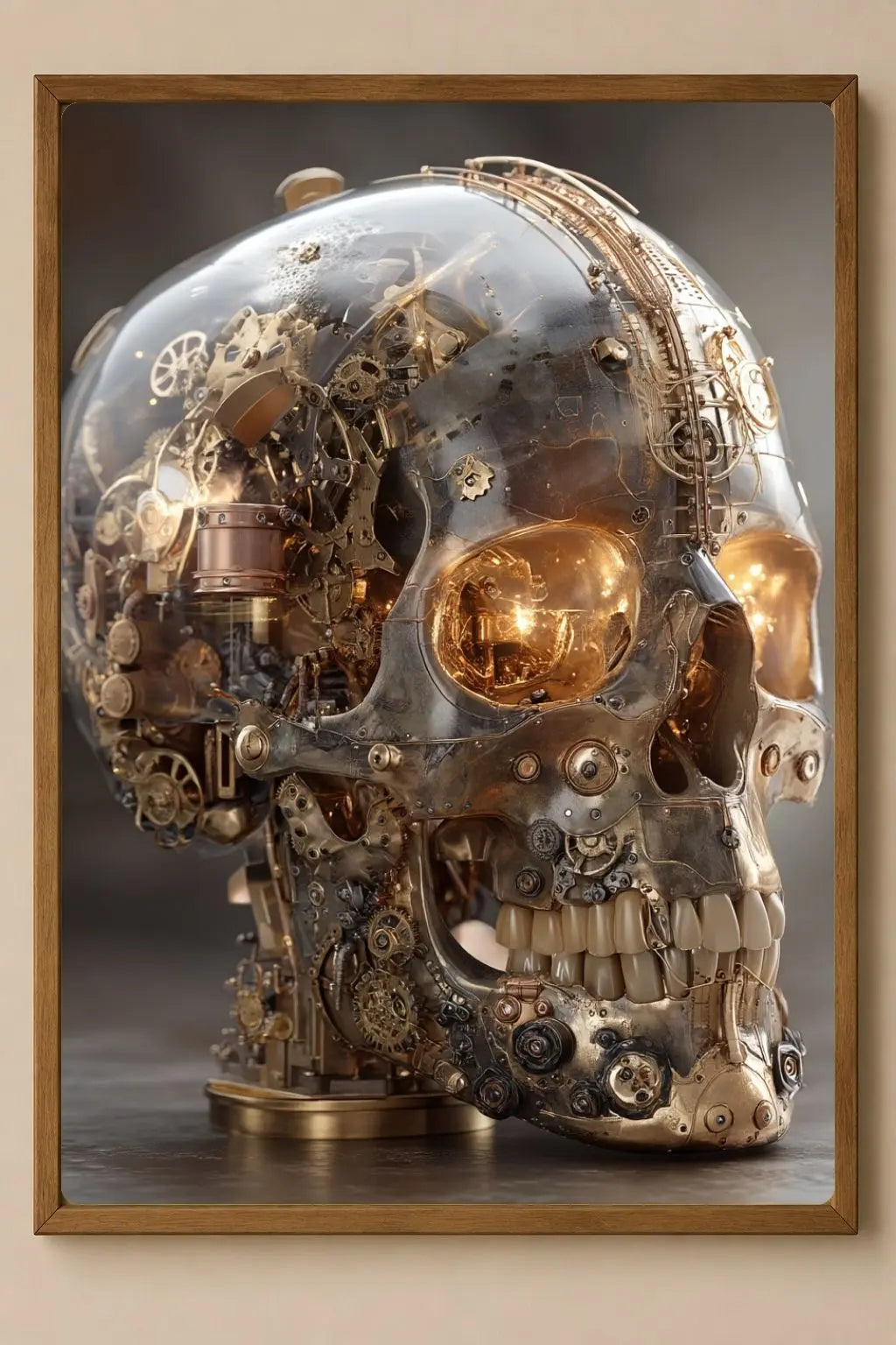 Affiche Métal Steampunk – Crâne Verre & Mécanique Intérieure A4 Ploy'Art