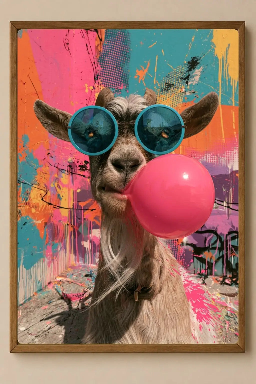 Affiche Métal Pop Art – Chèvre Lunettes Bleues & Bulle de Chewing-Gum A4