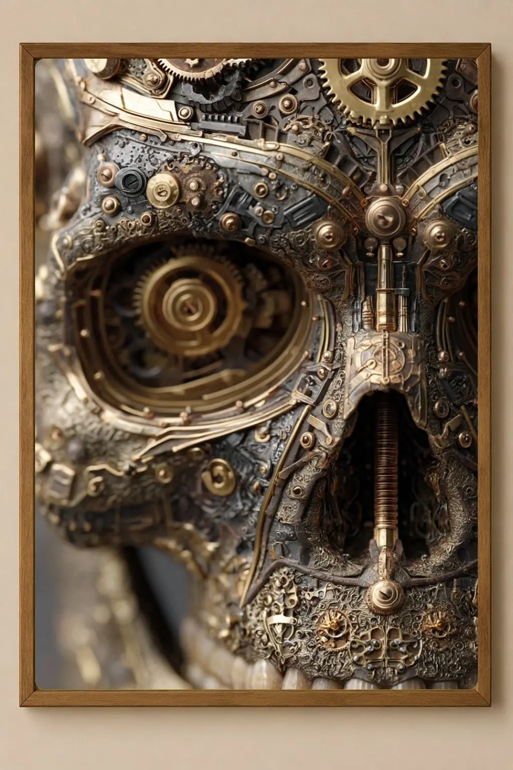 Affiche Métal Steampunk – Crâne Mécanique & Engrenages Dorés A4 Ploy'Art