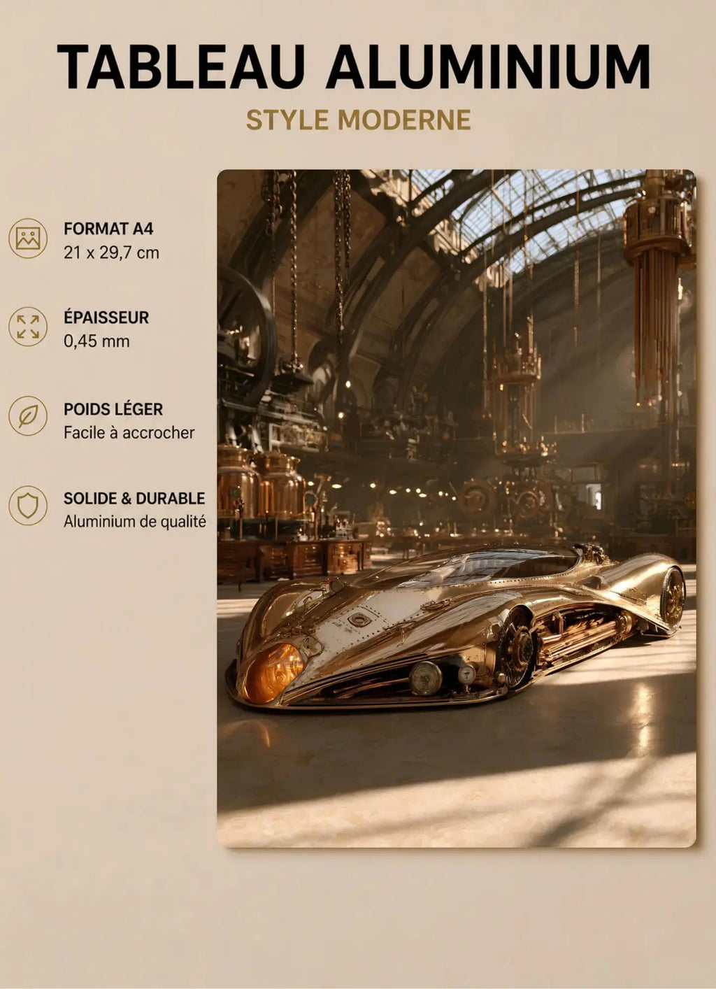 Affiche Métal Steampunk – Voiture Dorée & Atelier Victorien A4 Ploy'Art