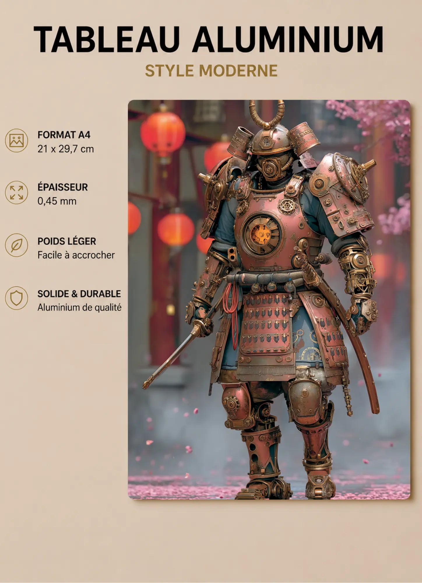 Affiche Métal Steampunk – Samouraï Mécanique & Cerisiers Japonais A4