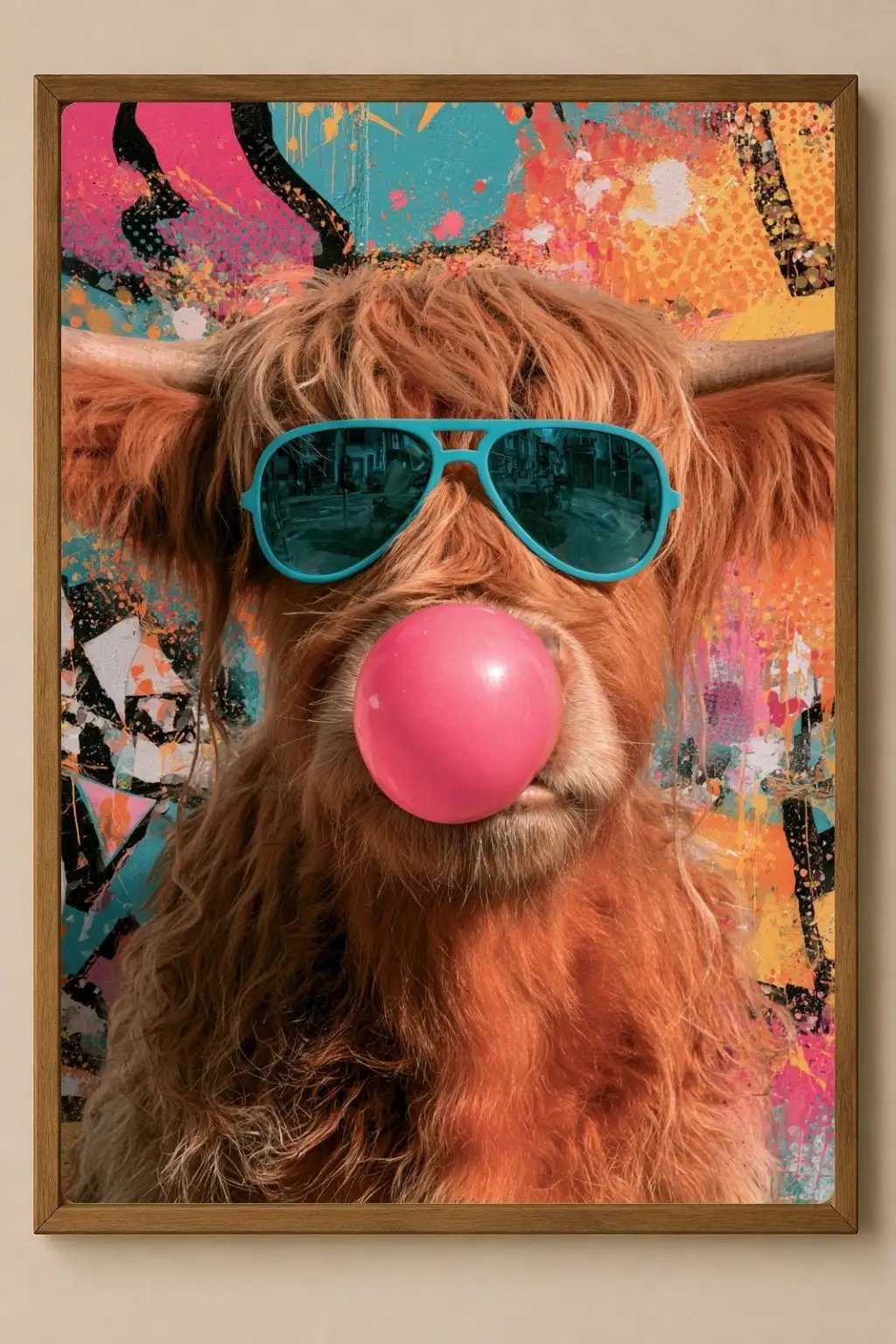 Affiche Métal Pop Art – Vache Highland Lunettes & Bulle de Chewing-Gum A4