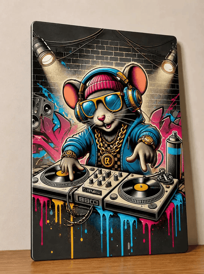 Affiche métal street art personnalisée Souris DJ – Décoration murale Hip-Hop A4