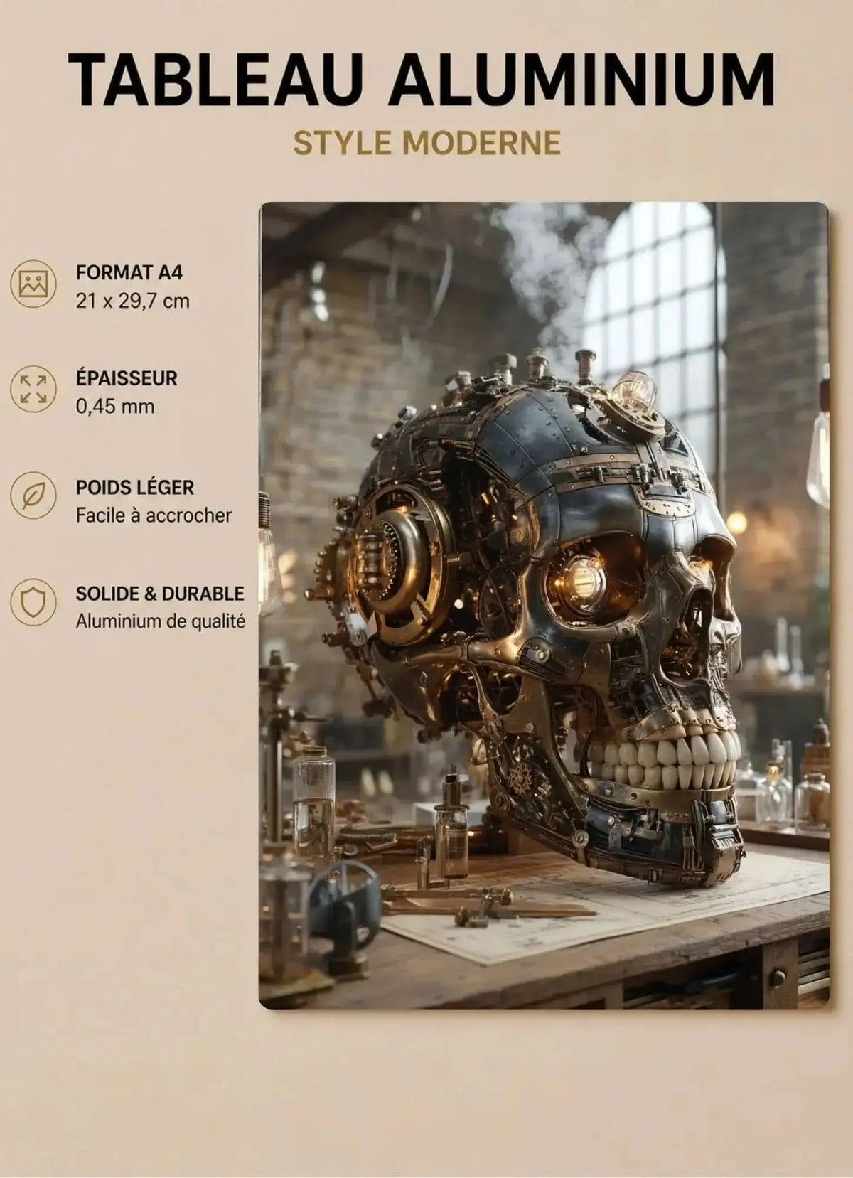 Affiche Métal Steampunk – Crâne & Laboratoire Victorien A4 Ploy'Art