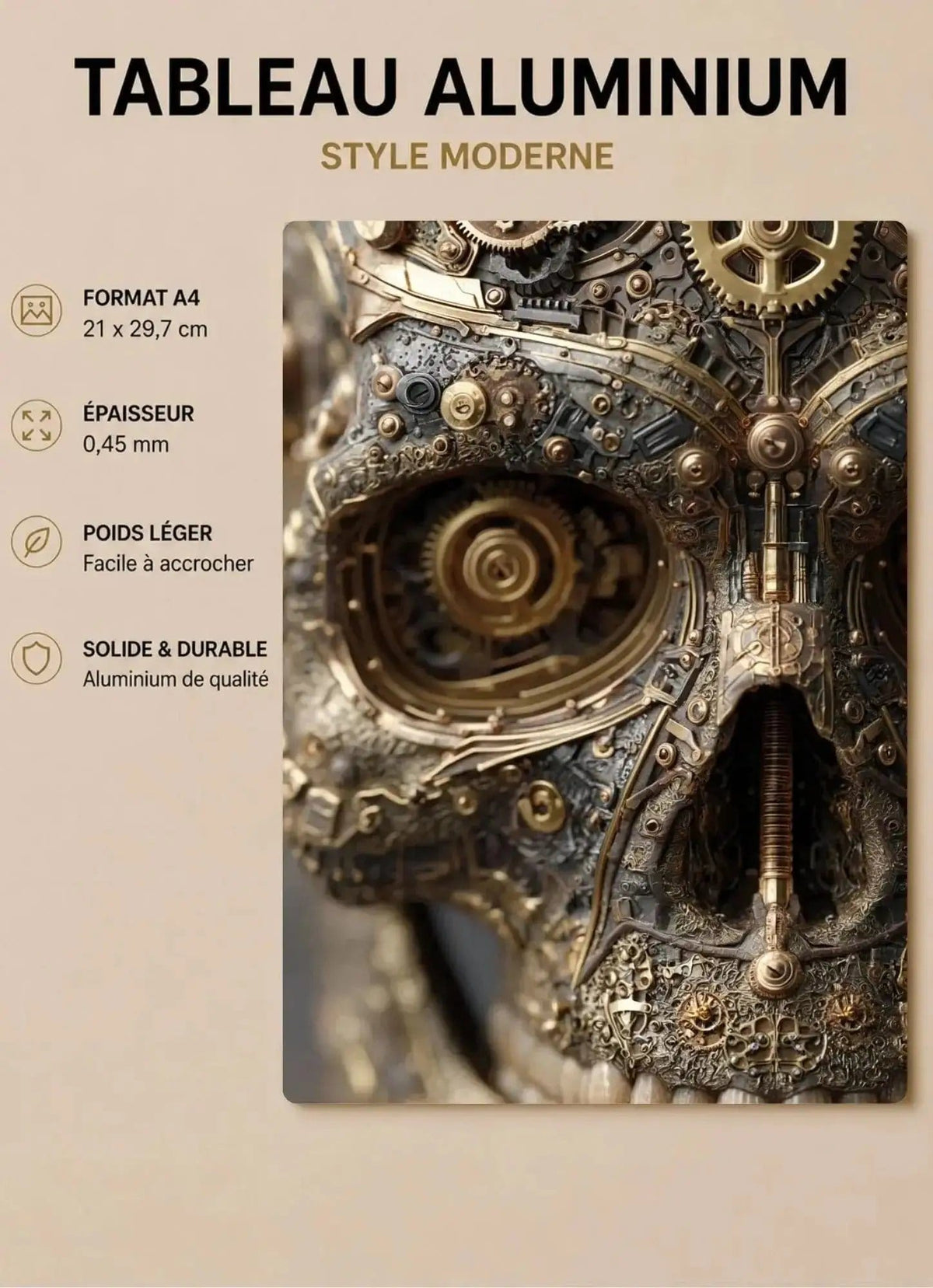 Affiche Métal Steampunk – Crâne Mécanique & Engrenages Dorés A4 Ploy'Art