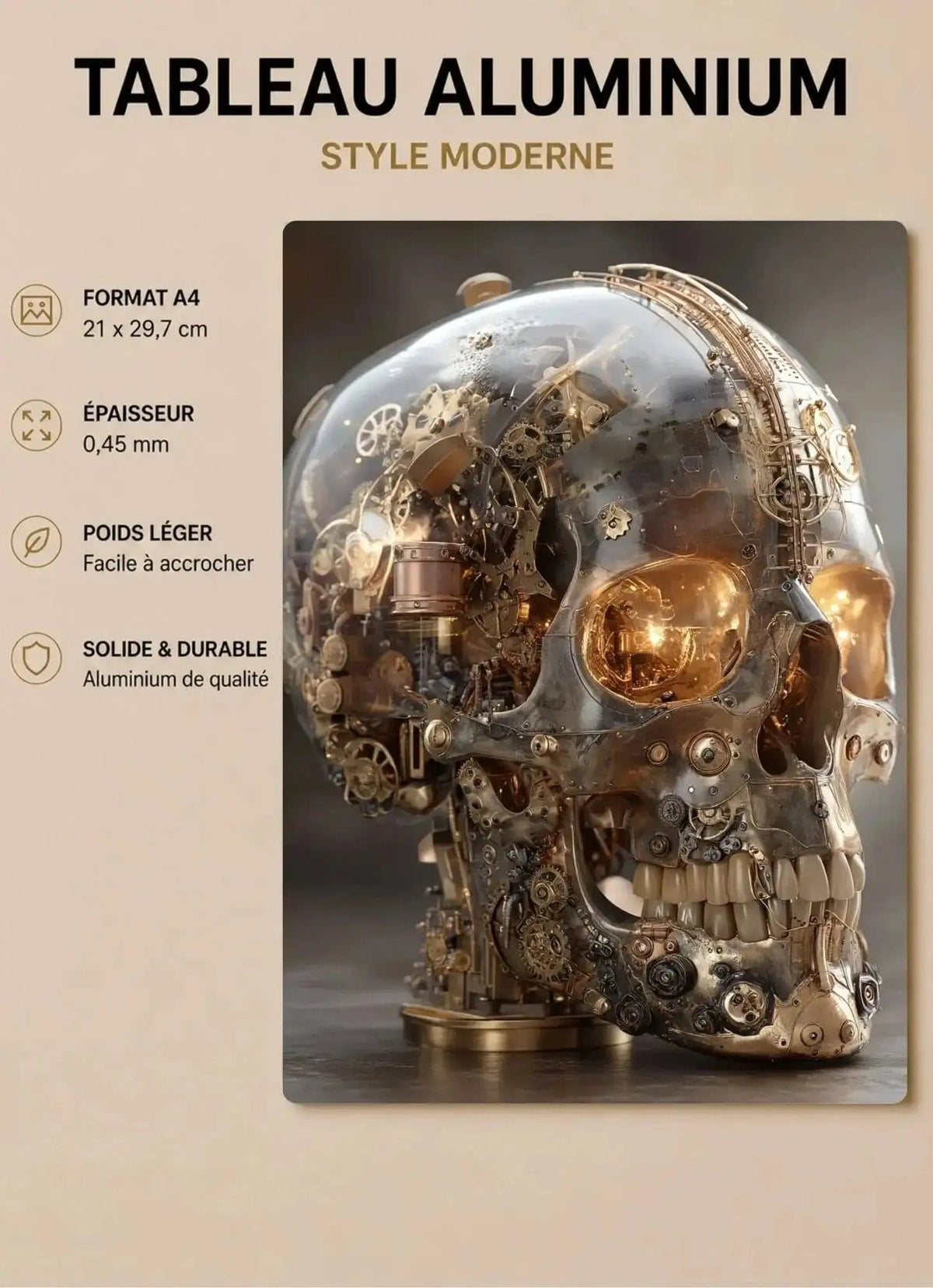 Affiche Métal Steampunk – Crâne Verre & Mécanique Intérieure A4 Ploy'Art