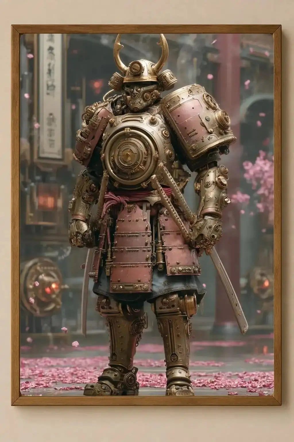 Affiche Métal Steampunk – Guerrier Doré & Temple Japonais A4 Ploy'Art
