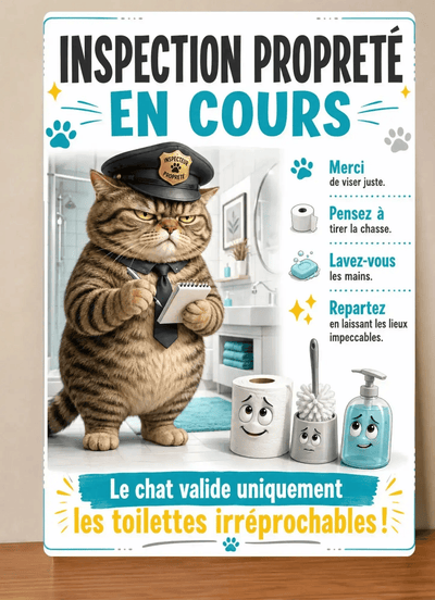 Affiche Métal WC Humour – Chat Inspecteur Propreté A4