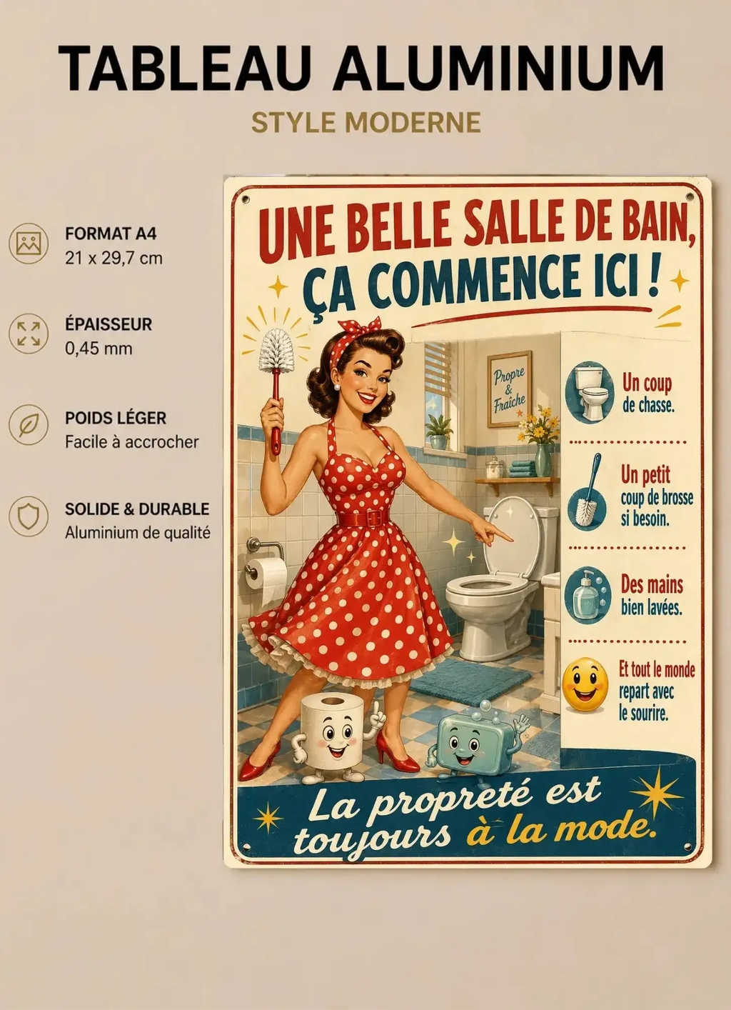 Affiche Métal Salle de Bain Vintage – La Propreté Est Toujours à la Mode A4 Ploy'Art