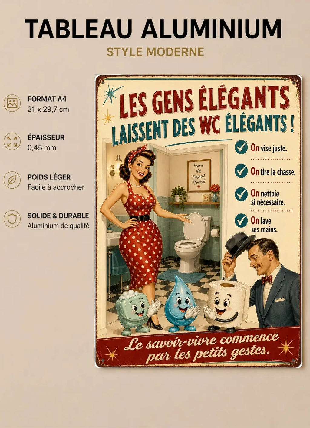 Affiche Métal WC Vintage – Les Gens Élégants Laissent des WC Élégants A4 Ploy'Art