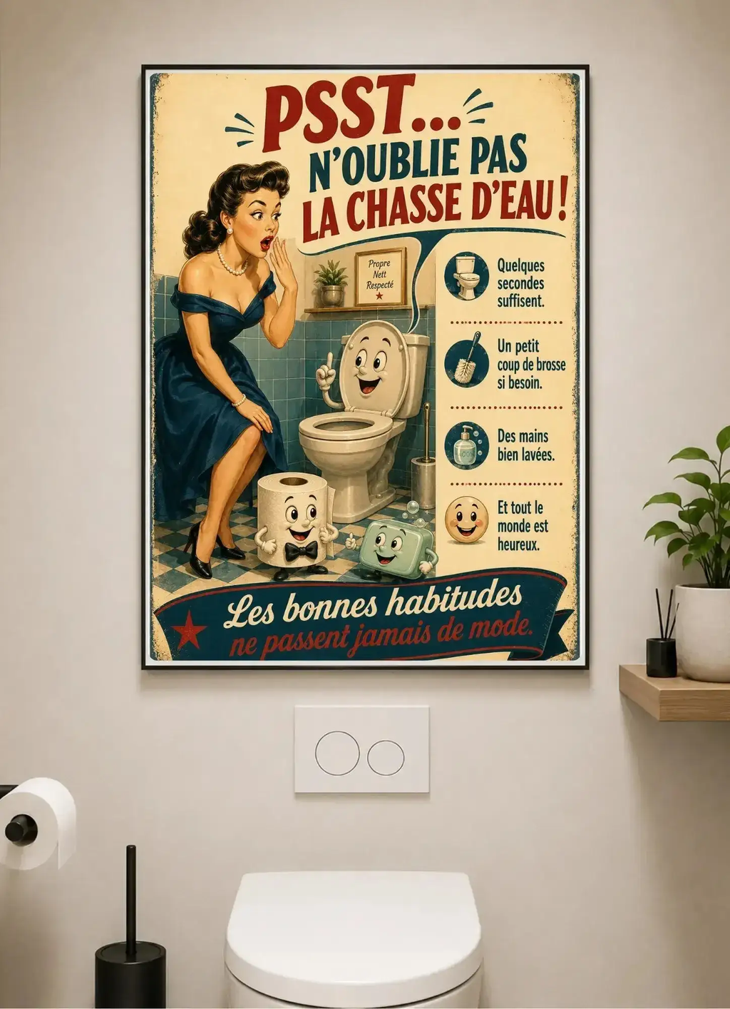 Affiche Métal WC Humour Vintage – Psst N'Oublie Pas La Chasse D'Eau ! A4 Ploy'Art