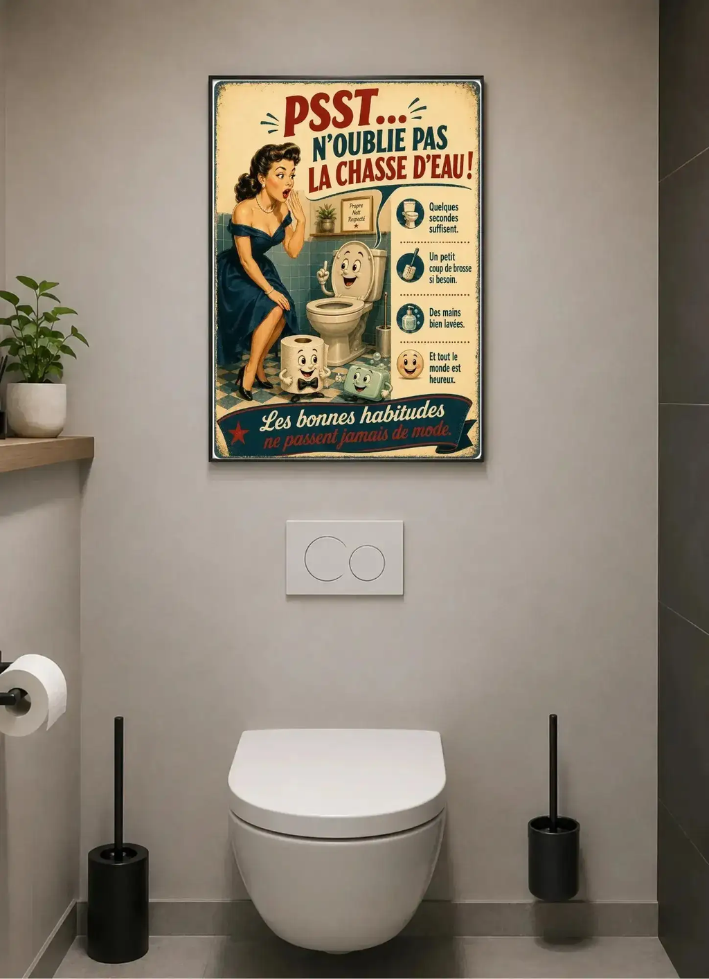 Affiche Métal WC Humour Vintage – Psst N'Oublie Pas La Chasse D'Eau ! A4 Ploy'Art