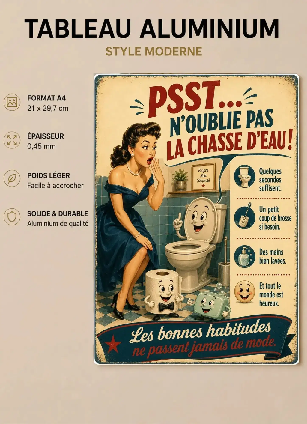 Affiche Métal WC Humour Vintage – Psst N'Oublie Pas La Chasse D'Eau ! A4 Ploy'Art