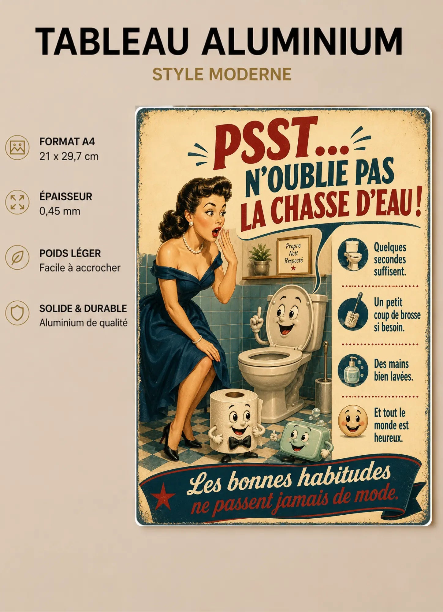 Affiche Métal WC Humour Vintage – Psst N'Oublie Pas La Chasse D'Eau ! A4 Ploy'Art