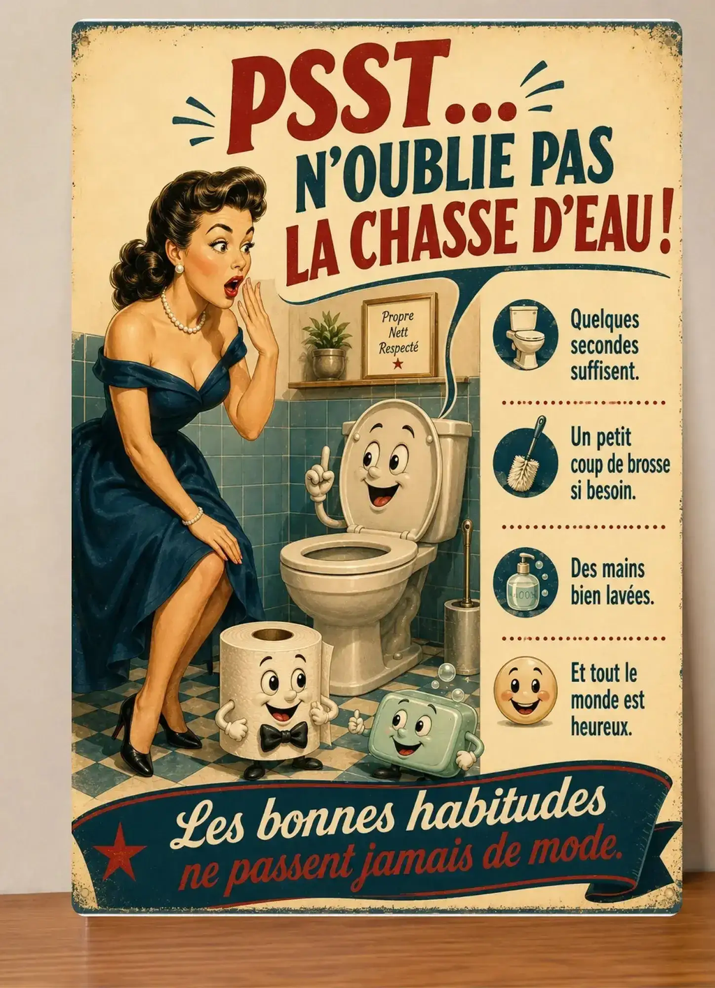 Affiche Métal WC Humour Vintage – Psst N'Oublie Pas La Chasse D'Eau ! A4 Ploy'Art