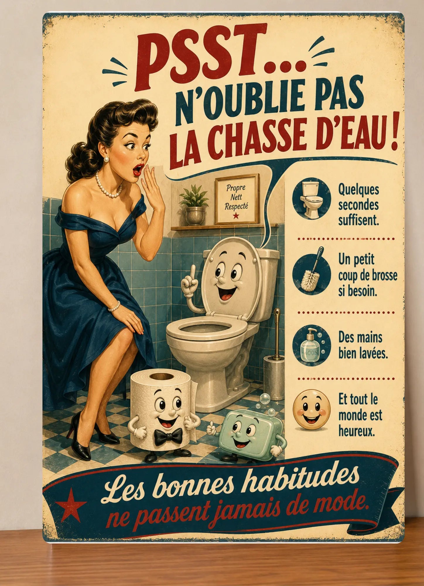 Affiche Métal WC Humour Vintage – Psst N'Oublie Pas La Chasse D'Eau ! A4 Ploy'Art