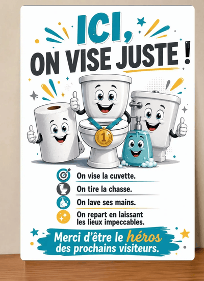 Affiche Métal WC Humour – Ici On Vise Juste ! A4