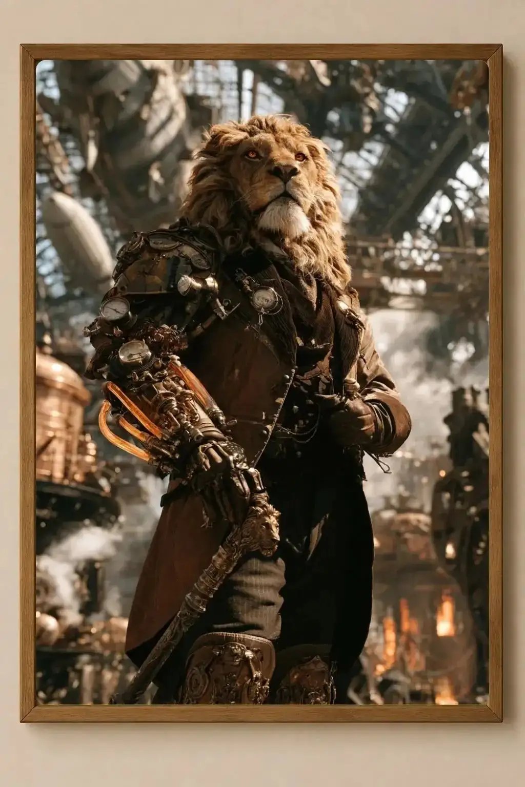 Affiche Métal Steampunk – Lion Capitaine & Hangar en Feu A4 Ploy'Art