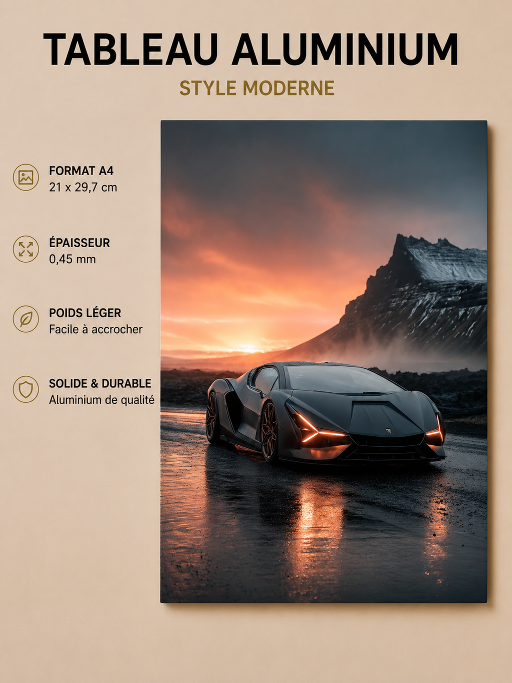 Affiche Métal Supercar Futuriste – Coucher de Soleil Décoration Murale A4