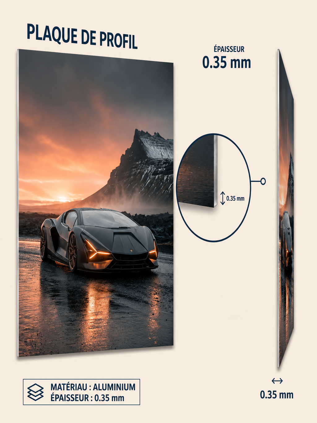 Affiche Métal Supercar Futuriste – Coucher de Soleil Décoration Murale A4