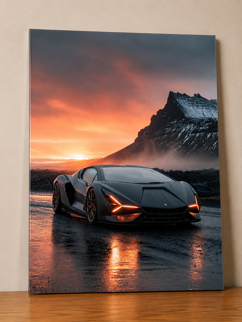 Affiche Métal Supercar Futuriste – Coucher de Soleil Décoration Murale A4