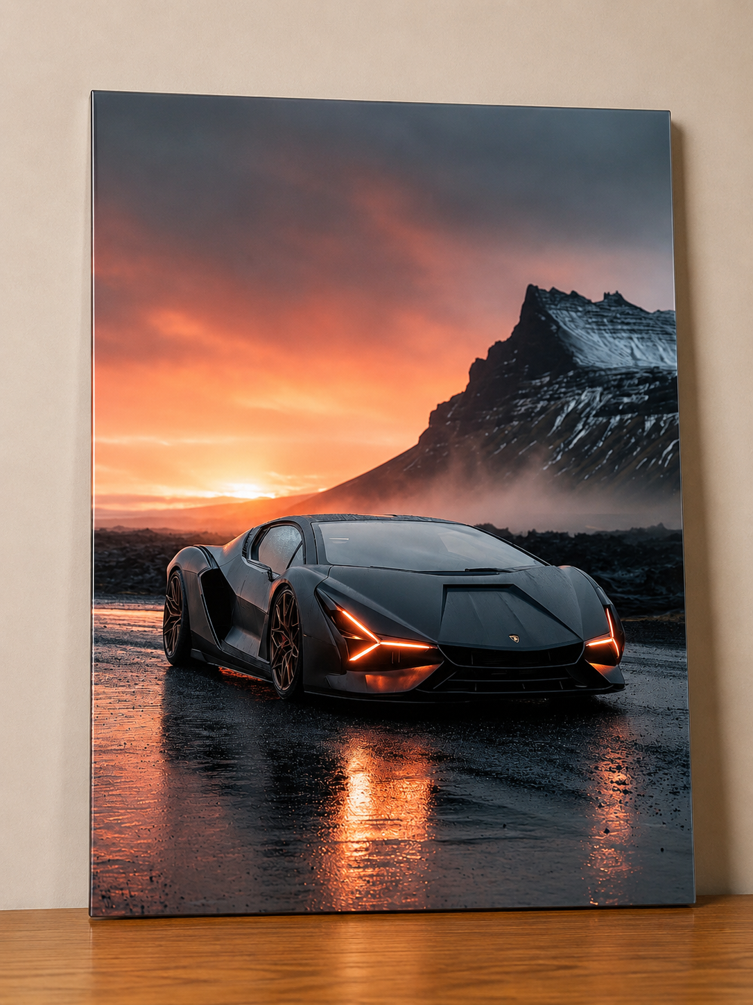 Affiche Métal Supercar Futuriste – Coucher de Soleil Décoration Murale A4