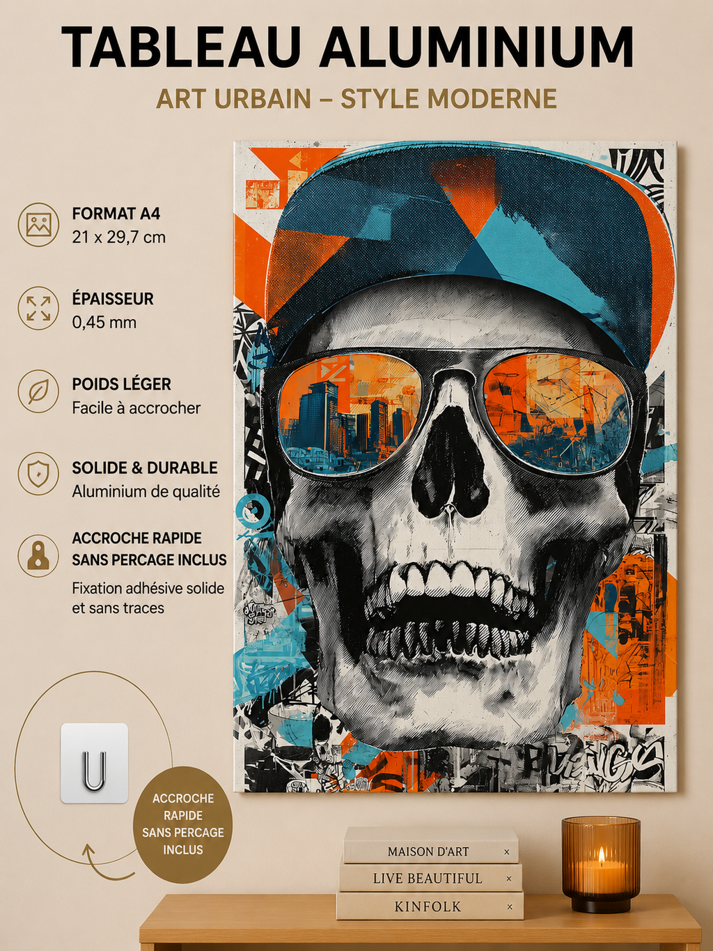 Affiche Métal Crâne Street Art – Urban Skull Décoration Murale A4