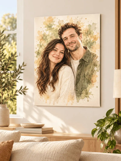 Plaque Métal Personnalisée – Portrait Couple Aquarelle avec Prénoms A4