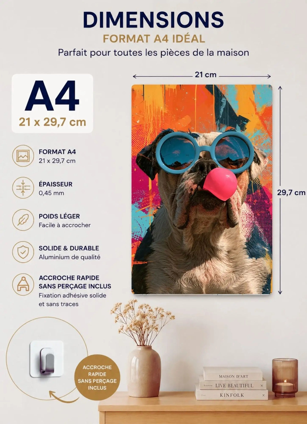 Affiche Métal Pop Art – Bouledogue Lunettes Rondes & Bulle de Chewing-Gum A4