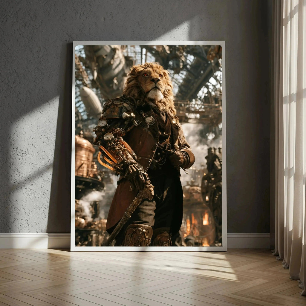 Affiche Métal Steampunk – Lion Capitaine & Hangar en Feu A4 Ploy'Art