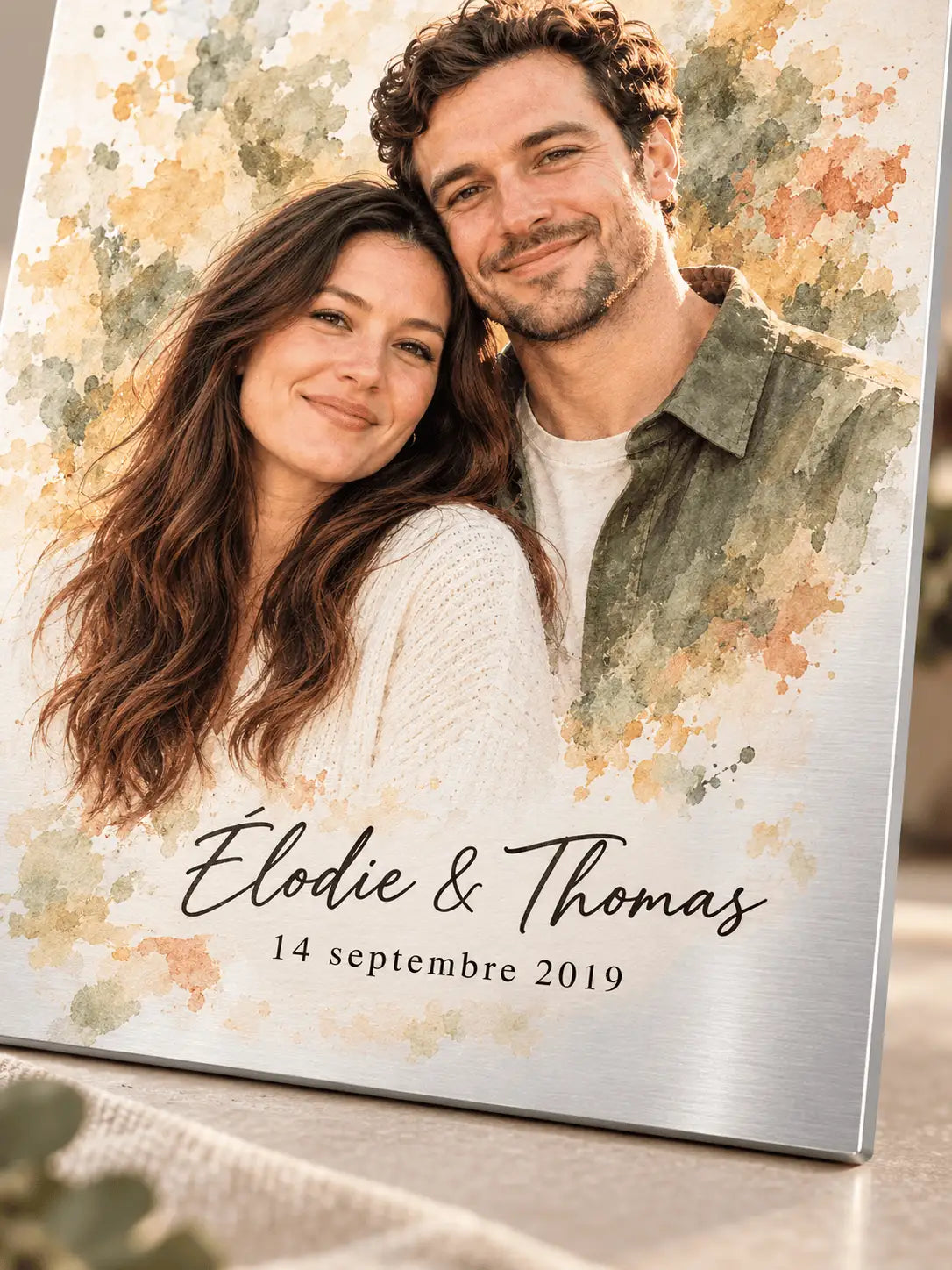 Plaque Métal Personnalisée – Portrait Couple Aquarelle avec Prénoms A4