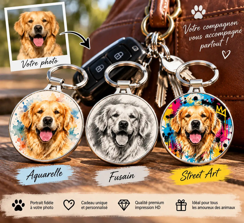 Porte Clé Personnalisé Photo Animal – Aquarelle, Fusain ou Pop Art