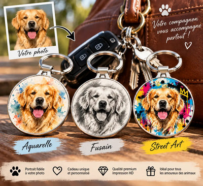 Porte Clé Personnalisé Photo Animal – Aquarelle, Fusain ou Pop Art