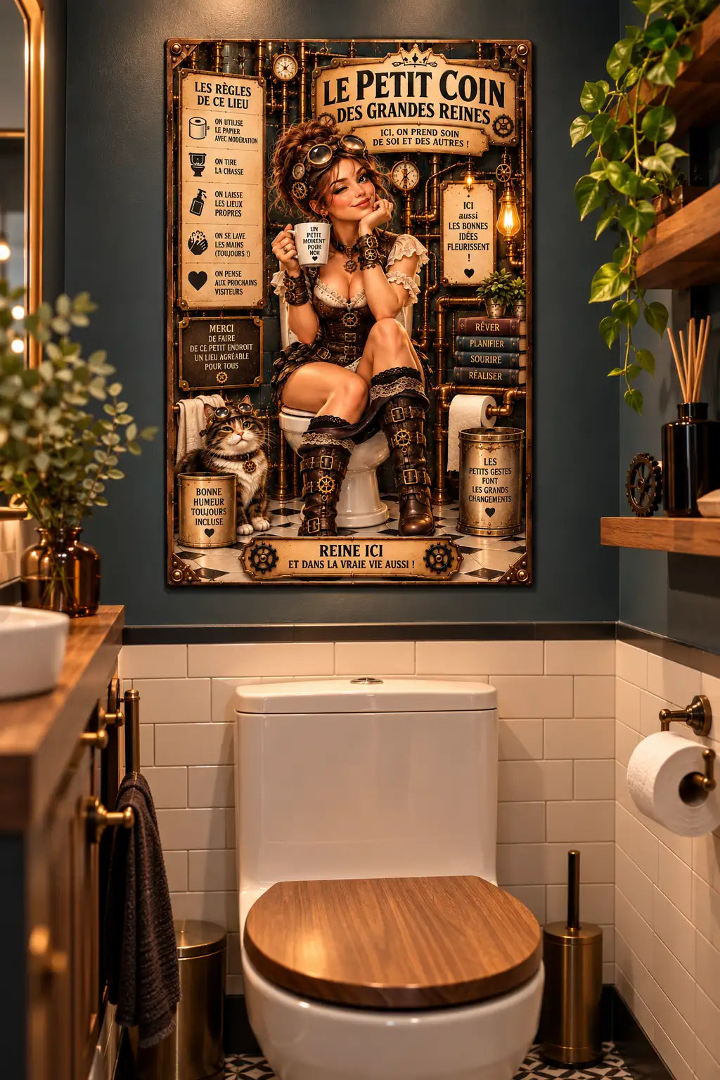 Affiche Métal WC Steampunk – Le Petit Coin des Grandes Reines A4
