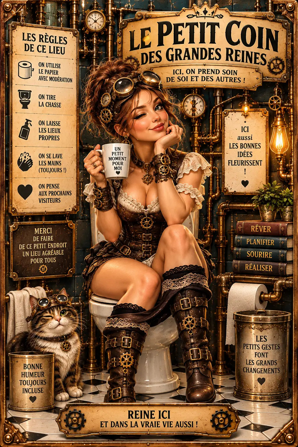 Affiche Métal WC Steampunk – Le Petit Coin des Grandes Reines A4