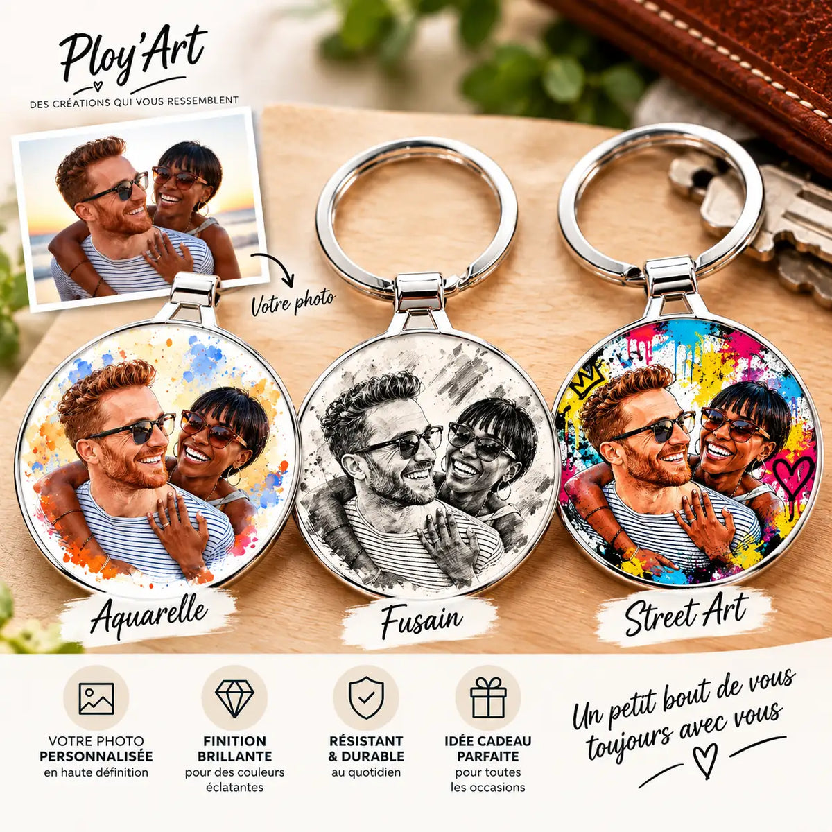 Porte Clé Personnalisé Photo Couple – Aquarelle, Fusain ou Pop Art
