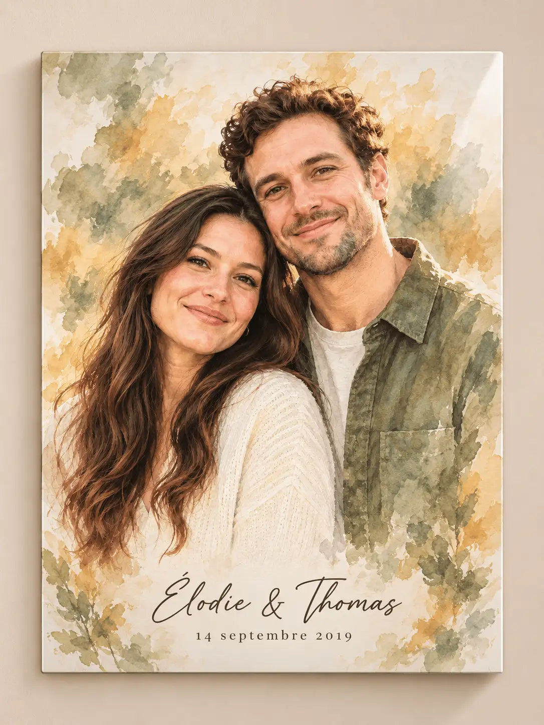 Plaque Métal Personnalisée – Portrait Couple Aquarelle avec Prénoms A4