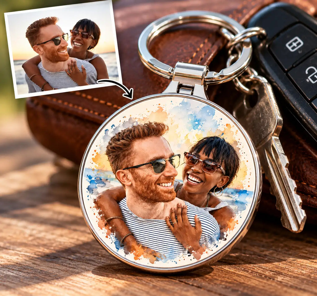 Porte Clé Personnalisé Photo Couple – Aquarelle, Fusain ou Pop Art