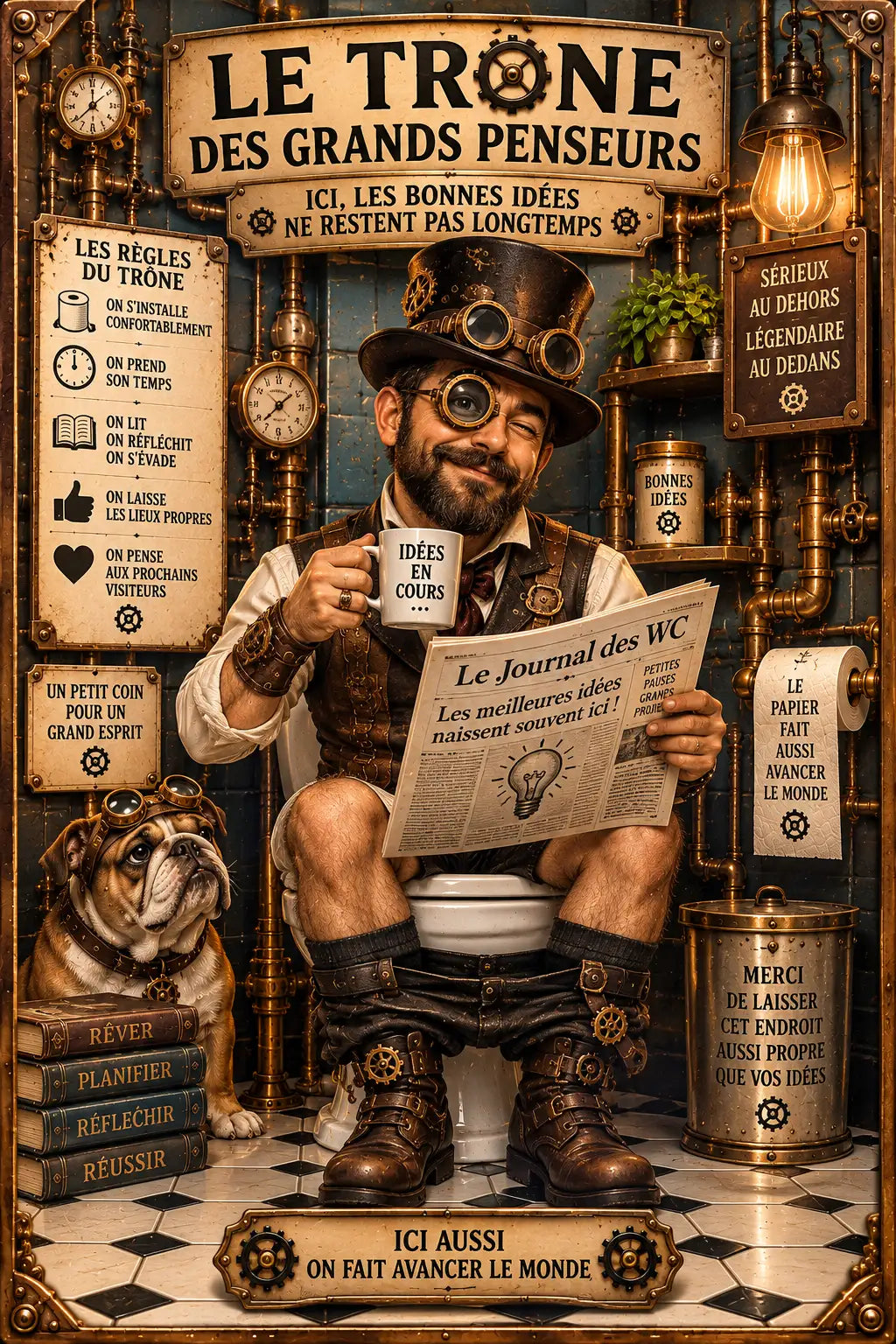 Affiche Métal WC Steampunk – Le Trône des Grands Penseurs A4
