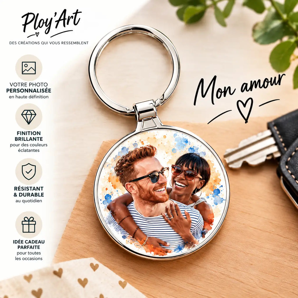 Porte Clé Personnalisé Photo Couple – Aquarelle, Fusain ou Pop Art